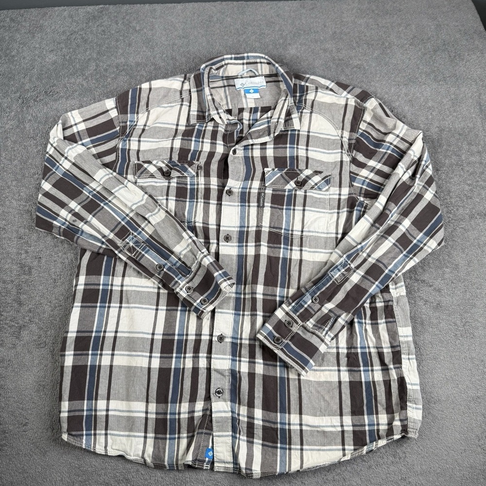 Columbia Shirt Mens XL Beige Plaid Button‎ Up Cotton Long Sleeve Outdoors Lite